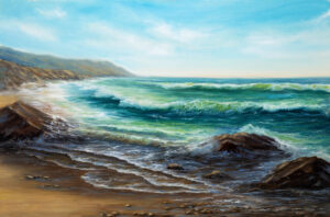 landscape painting of ocean and beach