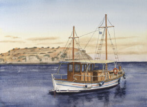 Handmade watercolor drawing of touristic boat