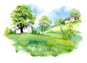 Landscape with houses, watercolor illustration