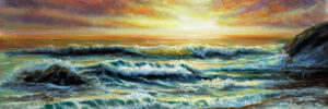 Original oil painting of beautiful golden sunset over ocean beach on canvas.Modern Impressionism, modernism,marinism