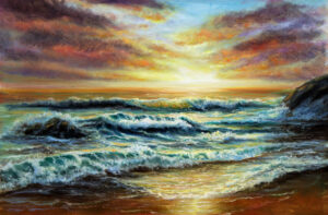 Original oil painting of beautiful golden sunset over ocean beach on canvas.Modern Impressionism, modernism,marinism