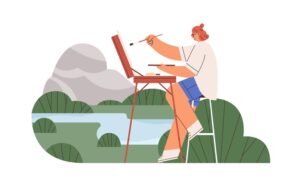 Artist drawing in nature, plein air. Painter with easel and paints painting landscape picture on canvas outdoors. Woman during creative process. Flat vector illustration isolated on white background.