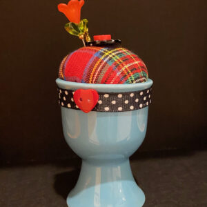Blue Eggcup Pincushion by Tara Van Meter