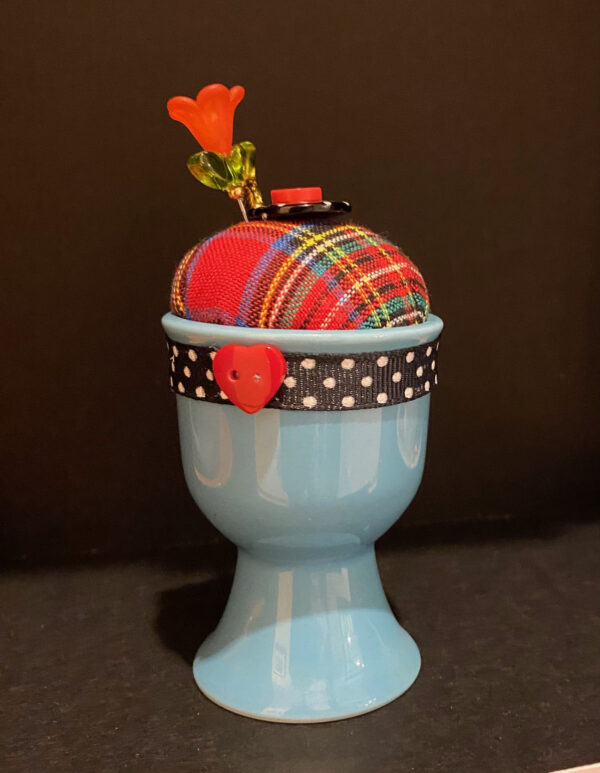 Blue Eggcup Pincushion by Tara Van Meter
