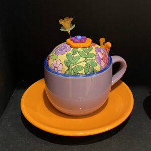 Orange and Purple Demitasse Pincushion by Tara Van Meter