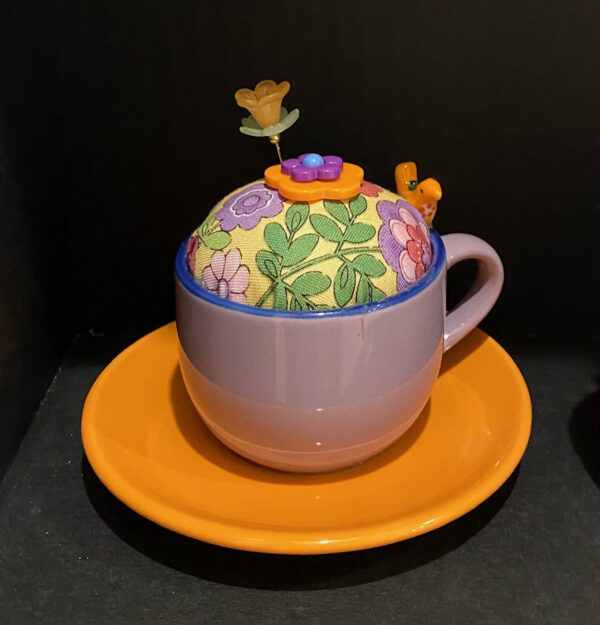 Orange and Purple Demitasse Pincushion by Tara Van Meter