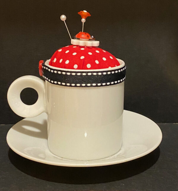 White and Black Demitasse Pincushion by Tara Van Meter