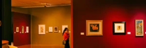 A person views framed artwork displayed on red and green walls in a well-lit art gallery with wooden floors.