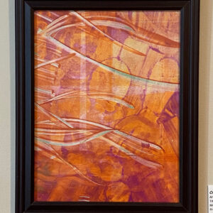 Framed abstract art from the Monoprinting Course with Alex Haas, featuring swirling orange, purple, and blue patterns.
