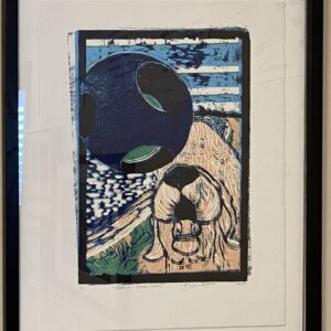 A stylized dog and blue ball artwork features in the Relief Printmaking Course with Alex Haas.
