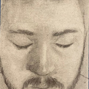Technical Drawing with Alex Haas - FULL: Pencil sketch of bearded person with closed eyes seen from above.