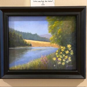 “Little Long Pond, Bar Harbor” by A. Stokes: framed landscape of a pond, yellow flowers, trees, and hills under blue sky.