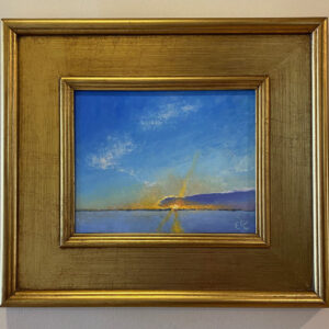 Glorious Morning Over the Water" by Elizabeth Craumer: a framed painting of a sunrise over calm water and blue sky.