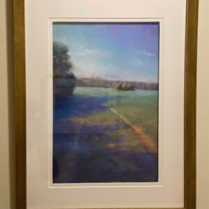 Late Summer Farmer's Row" by Elizabeth Craumer: framed landscape painting with trees, field, and soft sky.