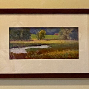 Living in Vermont" by Elizabeth Craumer—framed landscape of pond, field, trees, and red barn under cloudy sky.