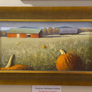 Pumpkin Time" by Elizabeth Craumer depicts a pumpkin field, hay bales, a red barn, and trees beneath a blue sky.