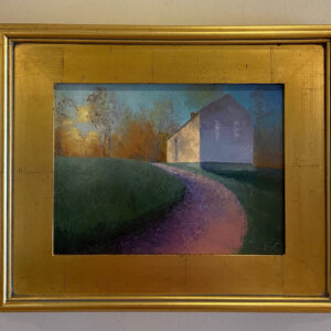 Spring Awakening" by Elizabeth Craumer: A framed house painting with pink path, green lawn, and trees in sunlit blue sky.
