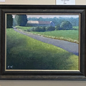 The Trek Home" by Elizabeth Craumer is a framed painting showing a rural road, green fields, trees, and a barn.
