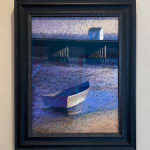 Twilight" by Elizabeth Craumer, a framed painting of a boat and dock, displayed on a beige wall.