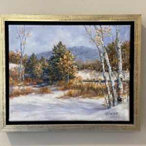 Framed painting from Basic Oil Painting with Betty Glass: snowy landscape with trees, mountains, and a cloudy sky.