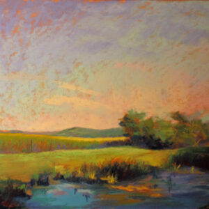 Boggy Meadow" by Elizabeth Craumer depicts grassy fields, distant hills, trees, and a pond beneath a pastel sunset sky.