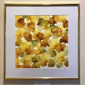 Whispers of Autumn" by Cristina Drondoe: Framed artwork with an abstract yellow and brown petal pattern on white.