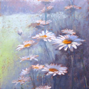 Dance of the Daisies" by Elizabeth Craumer shows daisies with yellow centers blooming amid sunlit greenery and a hazy backdrop.