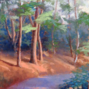 Dancing in the Woods" by Elizabeth Craumer depicts a sunlit forest path with tall trees and green foliage.