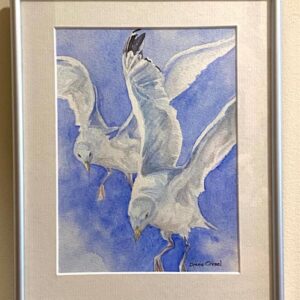 Flying High" by Diane Orzel: Framed watercolor of two seagulls soaring in a blue sky, gallery-ready.