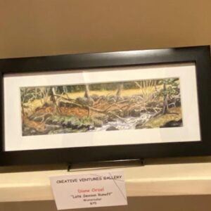 Framed watercolor "Late Season Runoff" by Diane Orzel, displayed on shelf with artist and price label.