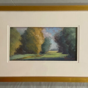 Early Summer" by Elizabeth Craumer: Framed landscape of a sunlit path bordered by trees with green and yellow leaves.
