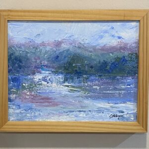 Waterfall" by Eileen Belanger is a framed impressionist painting of a peaceful lakeside with trees and mountains.