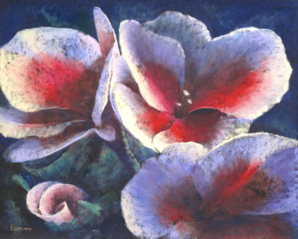 A close-up painting from the Sunday Pastel or Oil Painting Class with Betsy Craumer: three white & pink flowers, green leaves.