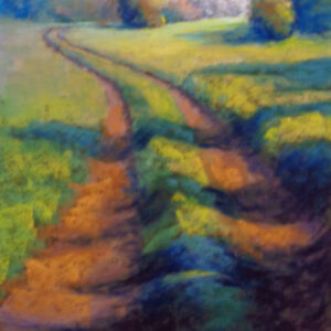 “Tractor Tracks” by Elizabeth Craumer shows a dirt path curving through grass, colorful trees, and blue sky.