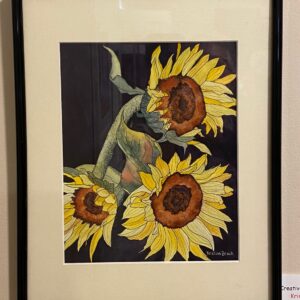 Sunflowers in the Night" by Kristine Mancuso: Framed watercolor shows three yellow sunflowers on a dark background.