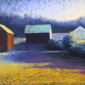 Lengthening Shadows" by Elizabeth Craumer depicts three barns in sunlight and shadow, with warm and cool color contrasts.