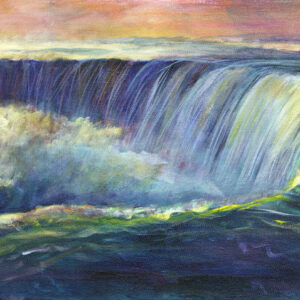 Evening Adult Painting with Linda Malone: Create a large waterfall with mist under a vibrant sunrise or sunset sky.