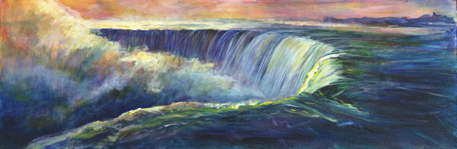 Evening Adult Painting with Linda Malone: Create a large waterfall with mist under a vibrant sunrise or sunset sky.