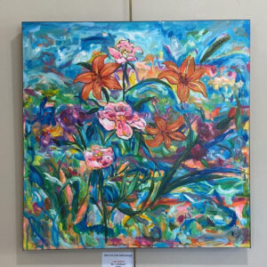 Be A Wildflower" by Lisa Salerno: Orange & pink flowers with green leaves on a vibrant, abstract background.