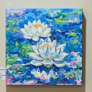 Expressive Painting: Two white lotus flowers drift on blue-green water with vibrant, colorful reflections.
