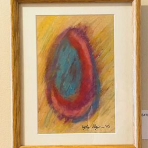 “Egg Angel” by Lydia Gyurina is a framed abstract painting featuring a blue oval on a yellow-orange background.