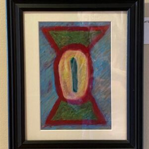 Timepiece" by Lydia Gyurina is a framed abstract featuring an hourglass in vivid red, green, blue, and yellow.