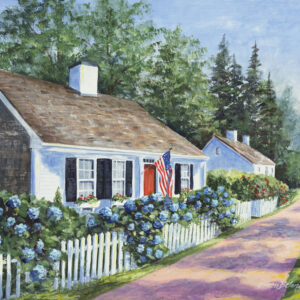 Join the Acrylic Painting Class with Eileen Belanger and paint a charming white cottage with flowers and an American flag.