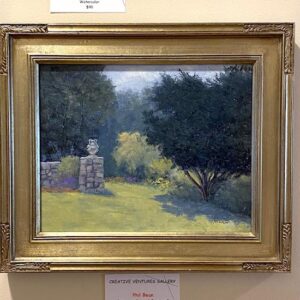 Stonewalls and Gardens" by Phil Bean is a framed painting of a garden with stone wall, statue, trees, and cloudy sky.