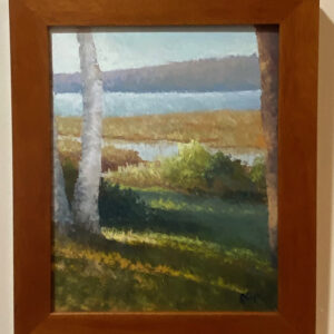 Ribbons of Light" by Elizabeth Craumer: a framed landscape with trees, water, hills, and a partly cloudy sky.