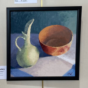 Salad Time" by Elizabeth Craumer: a framed painting of a ceramic jug and bowl with visible brushstrokes and shadows.