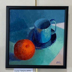 Snack Time" by Elizabeth Craumer: blue cup, saucer, orange on teal surface; artist initials EGC in the corner.