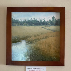 Spring Marsh" by Elizabeth Craumer: framed painting of a grassy meadow, winding stream, and distant trees.