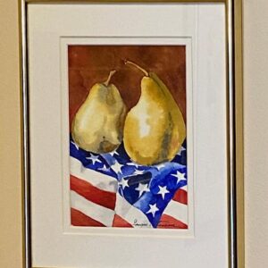 All American Pear" by Susan Peterson: a framed painting of two yellow pears on an American flag, beige wall background.