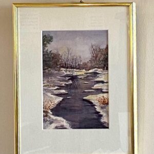 Winter Stream" by Susan Peterson: a framed watercolor of a snowy creek, bare trees, and muted winter tones.